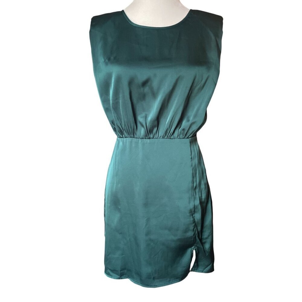 Le Lis Dark Green Satin Sleeveless Mini Dress With Open Back And T-Strap Detail